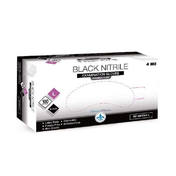 Royalty Premier Medium Black 4mil Exam Powder Free Gloves